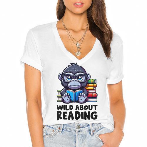 Wild About Reading Book Lover Gorilla Women's Jersey Short Sleeve Deep V-Neck Tshirt				 - Bookorys DE