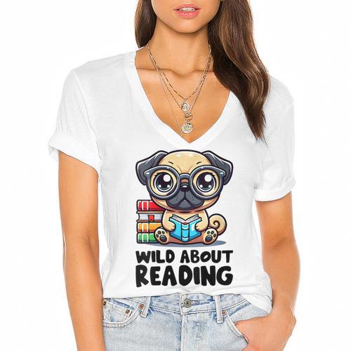 Wild About Reading Book Lover Pug Dog Women's Jersey Short Sleeve Deep V-Neck Tshirt				 - Bookorys UK