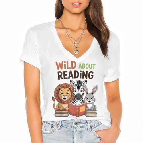 Wild About Reading Zoo Animals For Bookworm Book Reader Women's Jersey Short Sleeve Deep V-Neck Tshirt - Bookorys