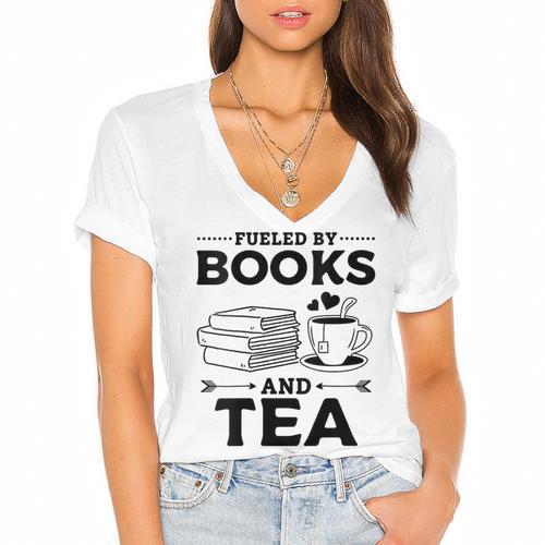 Women's Fueled By Books And Tea Book Lover Bookworm Reading Books Women's Jersey Short Sleeve Deep V-Neck Tshirt				 - Bookorys DE