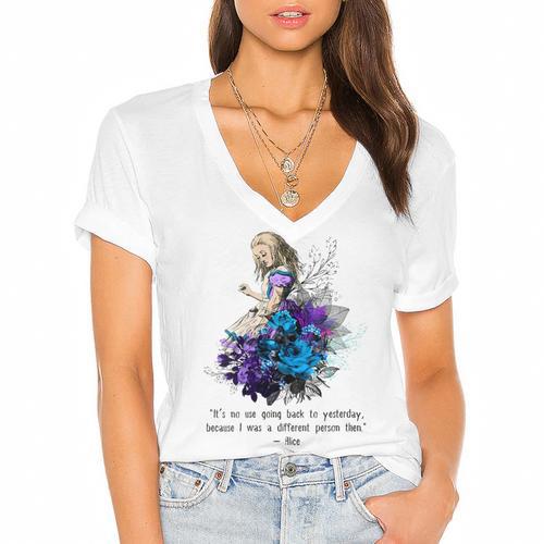 Women's Vintage Book Quote It’s No Use Going Back To Yesterday Women's Jersey Short Sleeve Deep V-Neck Tshirt				 - Bookorys CA