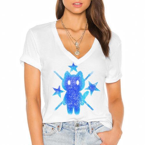 Yk2 Grunge Earthy Blue Cat With Stars Tomboy 90s Nostalgia Women's Jersey Short Sleeve Deep V-Neck Tshirt				 - Figerry