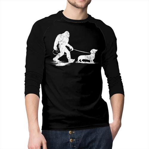 Bigfoot Walking Dachshund Tee Wiener Dog Dad Men Baseball Raglan Shirt - Father's Day Fun