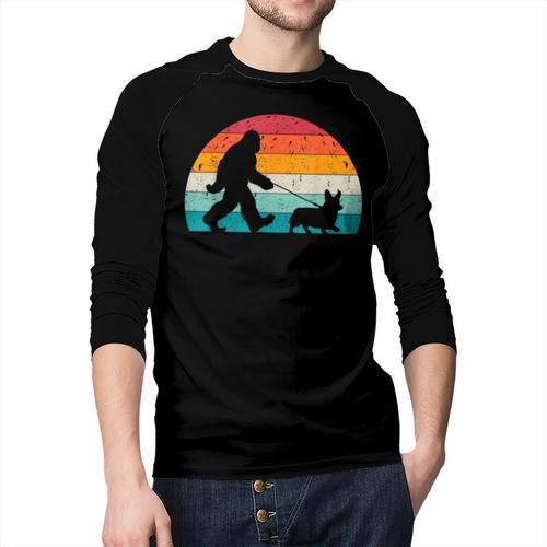 Bigfoot Walking a Dog Corgi Lovers Dog Dad Men Baseball Raglan Shirt - Father's Day Fun