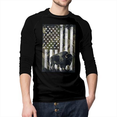 Camo USA Flag Bison Camouflage Hunting Wildlife Hunter Dad Men Baseball Raglan Shirt - Father's Day Fun