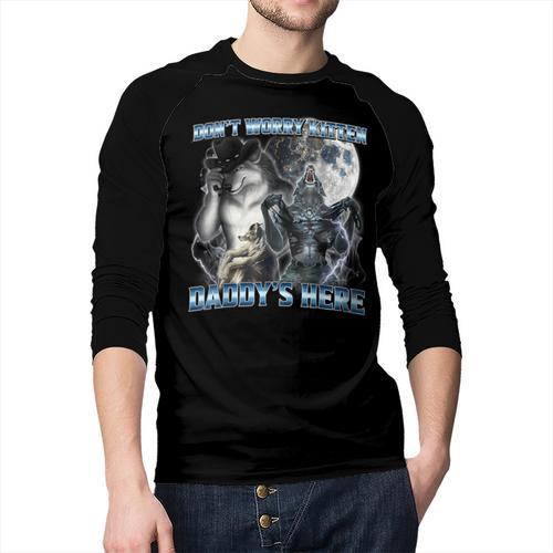 Cool Alpha Wolf Meme Don't Worry Kitten Daddy's Here Men Baseball Raglan Shirt - Father's Day Fun