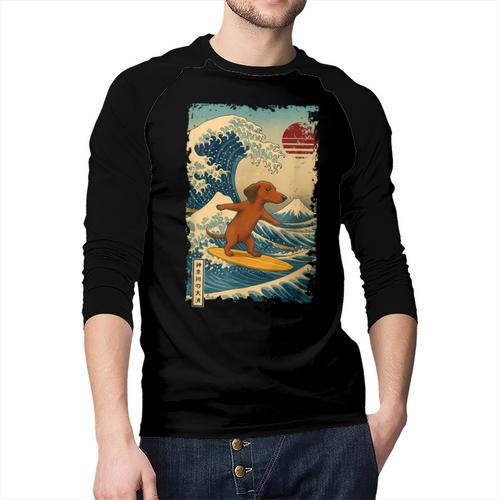 Dachshund Doxie Japanese Kanagawa Wave Surfing Japan Mom Dad Men Baseball Raglan Shirt - Father's Day Fun