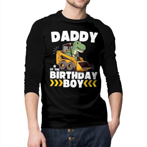 Daddy Of The Birthday Boy Dinosaur Construction Worker Truck Men Baseball Raglan Shirt - Father's Day Fun