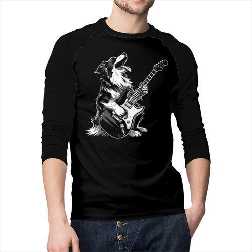 Dog Guitarist Guitar Australian Shepherd Dad Mom Men Baseball Raglan Shirt - Father's Day Fun