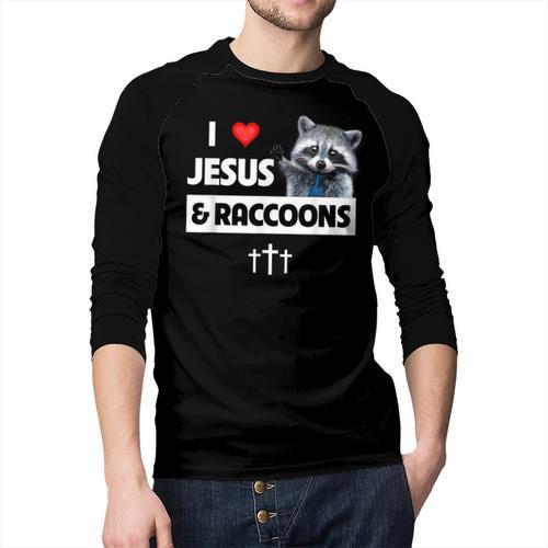 I Love Jesus And Raccoons Mom Dad Christian Love Jesus Bible Men Baseball Raglan Shirt - Father's Day Fun