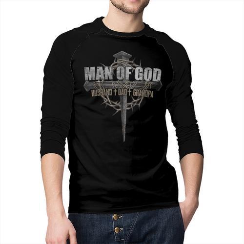 Man Of God Husband Dad Grandpa Cross Christian Men Baseball Raglan Shirt - Father's Day Fun