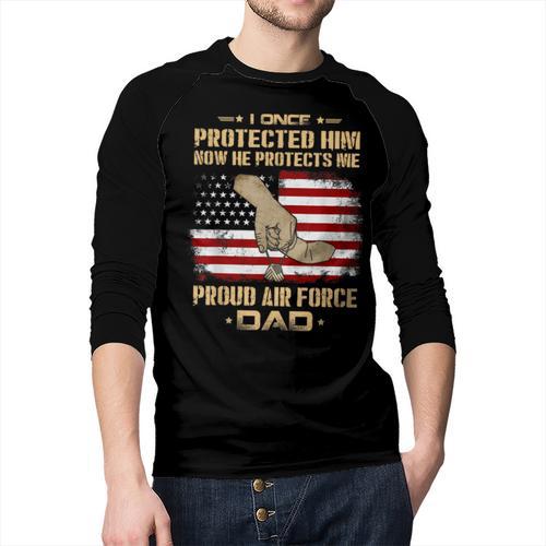 Now He Protects Me USAF Dad Proud Air Force Dad T-Shirt Men Baseball Raglan Shirt - Father's Day Fun