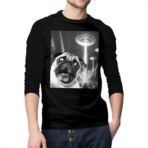 Pug Alien UFO Taking a Selfie Dog Mom Dad Men Baseball Raglan Shirt - Father's Day Fun
