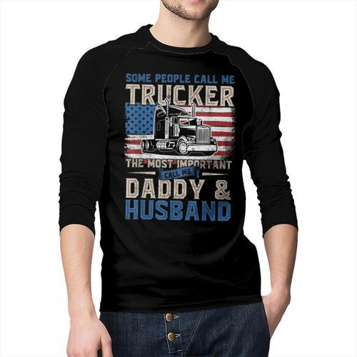 Semi Truck Driver Trucker Daddy Husband US American Flag Men Baseball Raglan Shirt - Father's Day Fun