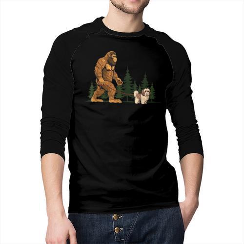 Shih Tzu Bigfoot Dog Walking Mom Dad Kids Men Baseball Raglan Shirt - Father's Day Fun