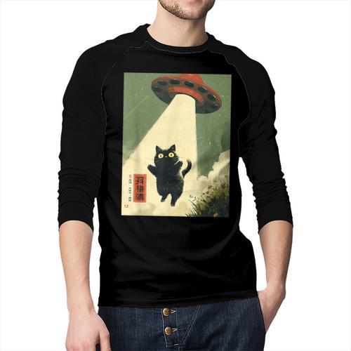 Vintage Japanese Cat Alien Cat Dad UFO Abduction Graphic Tee Men Baseball Raglan Shirt - Father's Day Fun