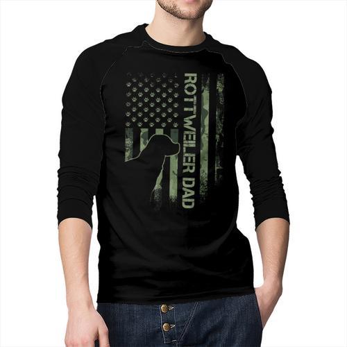 Vintage USA Camo Flag Proud Rottweiler Dad Rottie Silhouette Men Baseball Raglan Shirt - Father's Day Fun