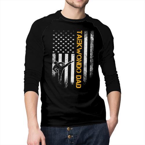Vintage USA Flag Korea Taekwondo Training Dad Silhouette Men Baseball Raglan Shirt - Father's Day Fun