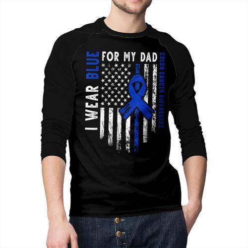 I Wear Blue For My Dad Colon Cancer Awareness Blue USA Flag Men Baseball Raglan Shirt - Father's Day Fun