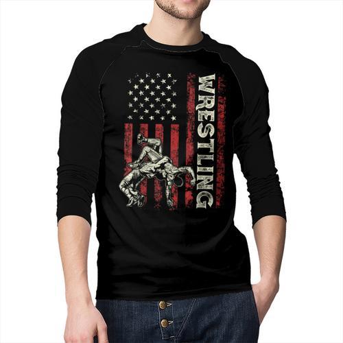 Wrestling US Flag Dad Wrestler Patriotic 4th Of July Men Baseball Raglan Shirt - Father's Day Fun