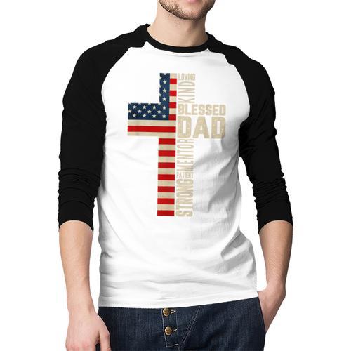 Blessed Dad Christian From Daughter Son Jesus Patriotic Men Baseball Raglan Shirt - Father's Day Fun