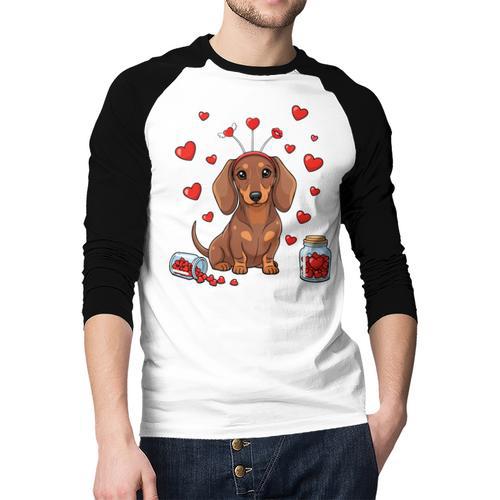 Cute Dachshund Valentine's Day Heart Love Dog Mom Dog Dad Men Baseball Raglan Shirt - Father's Day Fun