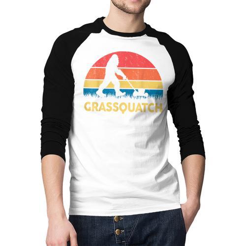 Dad Lawn Mowing Grassquatch Bigfoot Mower Garden Men Baseball Raglan Shirt - Father's Day Fun