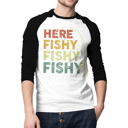 Fishing Here-Fishy Bass Fish Dad Men Baseball Raglan Shirt - Father's Day Fun