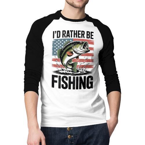 I'd Rather Be Fishing Bass Fish Dad Joke American Flag Men Baseball Raglan Shirt - Father's Day Fun