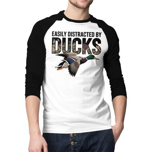 Mallard Duck Hunting Camo Easily Distracted Duck Dad Men Baseball Raglan Shirt - Father's Day Fun
