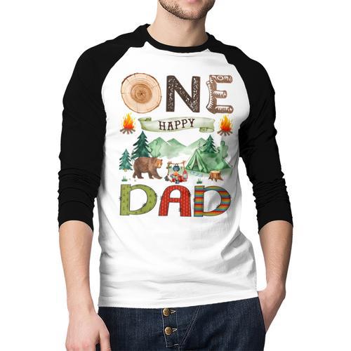 One Happy Dad Camper 1st Birthday Boy Camping Bear Men Baseball Raglan Shirt - Father's Day Fun