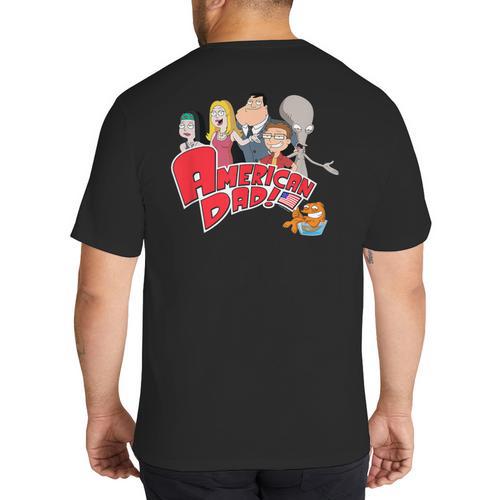 American Dad Show Logo With Family Cartoon Big And Tall Men's T-Shirt Back Print - Father's Day Fun