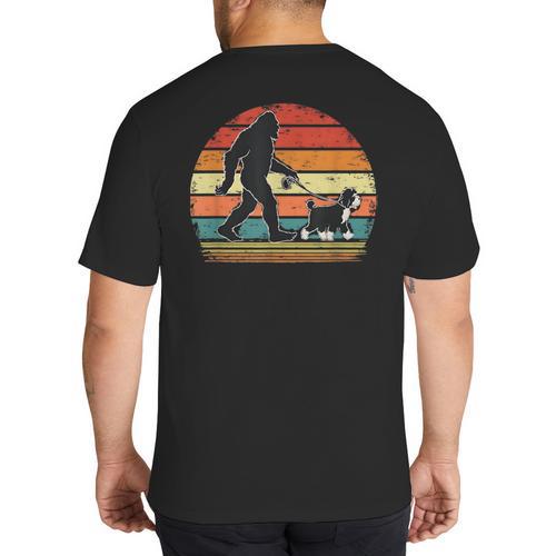 Bigfoot Walking a Dog Bernedoodle Dog Dad Big And Tall Men's T-Shirt Back Print - Father's Day Fun