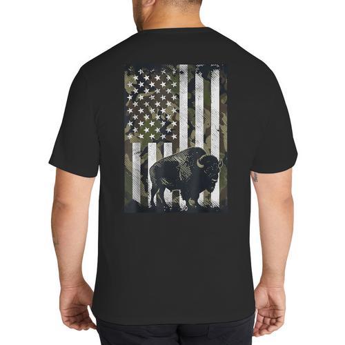Camo USA Flag Bison Camouflage Hunting Wildlife Hunter Dad Big And Tall Men's T-Shirt Back Print - Father's Day Fun
