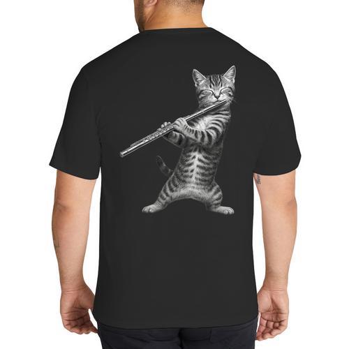 Cat Playing Flute For Cat Lover Cat Mom Cat Dad Big And Tall Men's T-Shirt Back Print - Father's Day Fun