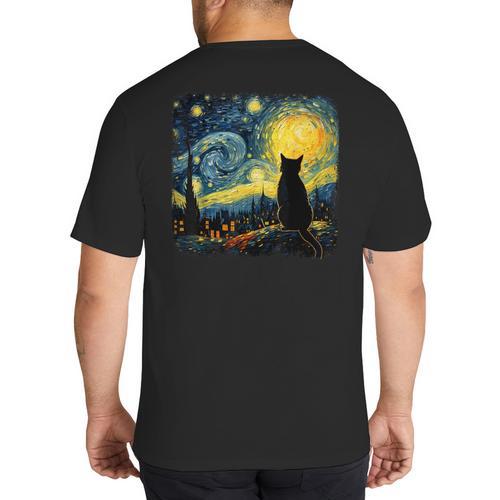 Cat Starry Night Van Gogh Cat For Cat Lover Cat Mom Cat Dad Big And Tall Men's T-Shirt Back Print - Father's Day Fun