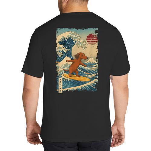 Dachshund Doxie Japanese Kanagawa Wave Surfing Japan Mom Dad Big And Tall Men's T-Shirt Back Print - Father's Day Fun