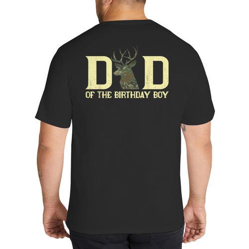 Dad Of The Birthday Boy Deer Hunter Camouflage Flag Big And Tall Men's T-Shirt Back Print - Father's Day Fun