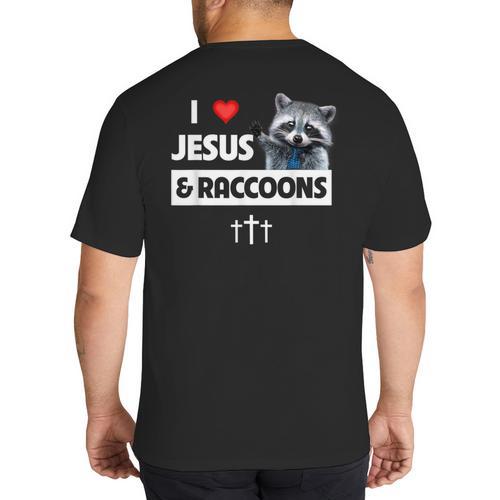 I Love Jesus And Raccoons Mom Dad Christian Love Jesus Bible Big And Tall Men's T-Shirt Back Print - Father's Day Fun