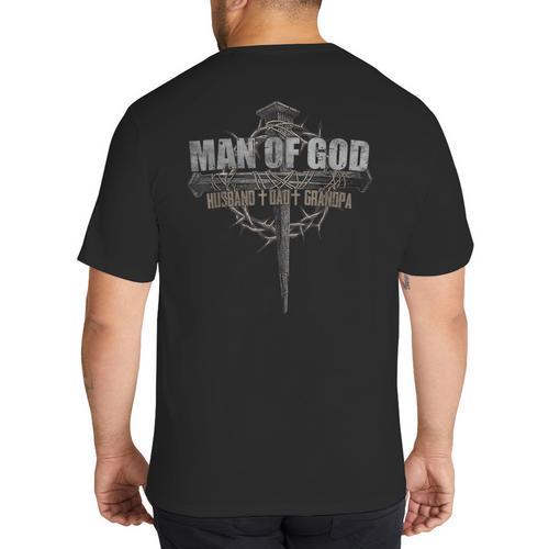 Man Of God Husband Dad Grandpa Cross Christian Big And Tall Men's T-Shirt Back Print - Father's Day Fun