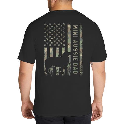 Mini Aussie Dad Australian Shepherd Dog Camo USA Flag Big And Tall Men's T-Shirt Back Print - Father's Day Fun
