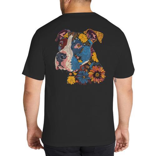 Pitbull Floral Dog Lover Vintage Flower Art Pitbull Mom Dad Big And Tall Men's T-Shirt Back Print - Father's Day Fun