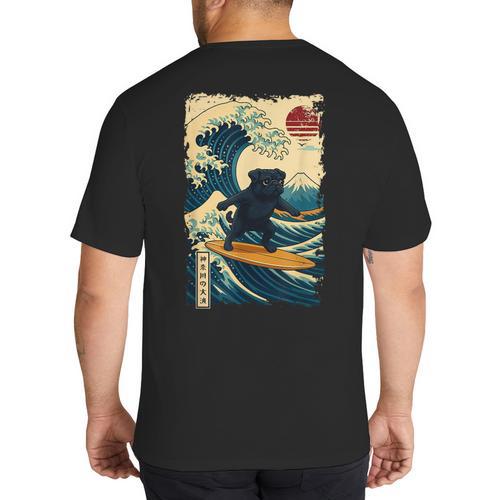 Pug Japanese Kanagawa Wave Surfing Japan Mom Dad Kids Big And Tall Men's T-Shirt Back Print - Father's Day Fun