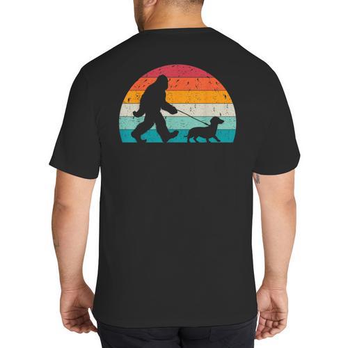 Retro Sasquatch Lover Doxie Wiener Dog Walker Bigfoot Walking a Dog Dachshund Weiner Dog Dad Weenie Small Big And Tall Men's T-Shirt Back Print - Father's Day Fun