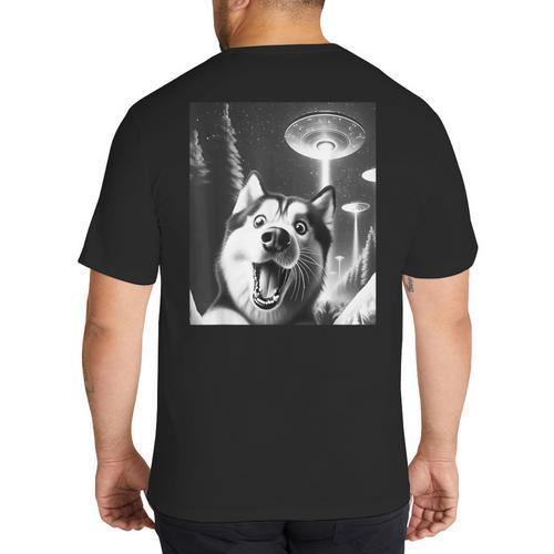 Siberian Husky Alien UFO Taking a Selfie Dog Mom Dad Big And Tall Men's T-Shirt Back Print - Father's Day Fun