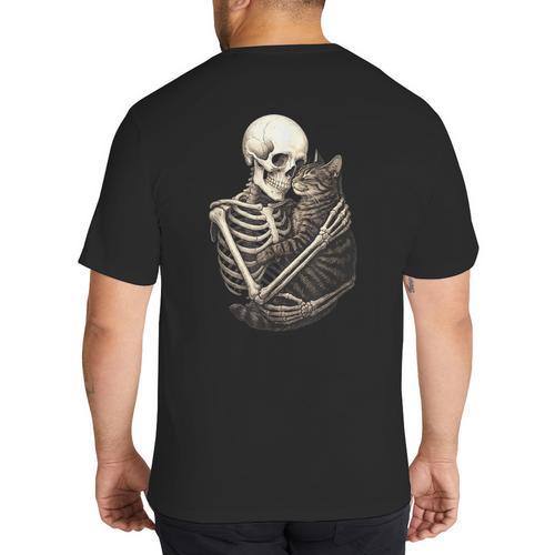 Skeleton Hugging Cat Halloween Cat Lover Cat Mom Dad Big And Tall Men's T-Shirt Back Print - Father's Day Fun