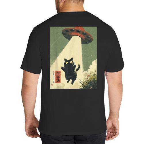 Vintage Japanese Cat Alien Cat Dad UFO Abduction Graphic Tee Big And Tall Men's T-Shirt Back Print - Father's Day Fun