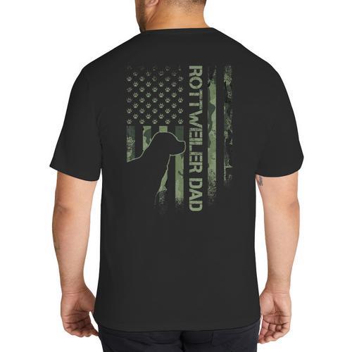 Vintage USA Camo Flag Proud Rottweiler Dad Rottie Silhouette Big And Tall Men's T-Shirt Back Print - Father's Day Fun