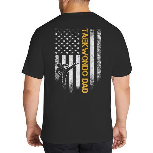 Vintage USA Flag Korea Taekwondo Training Dad Silhouette Big And Tall Men's T-Shirt Back Print - Father's Day Fun
