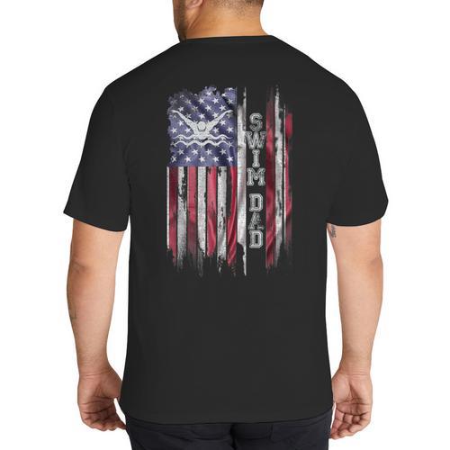 Vintage USA Flag Proud Swimming Dad Swim Swimmer Silhouette Big And Tall Men's T-Shirt Back Print - Father's Day Fun